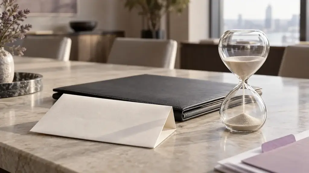 Hourglass beside an ivory letter and a charcoal document folder