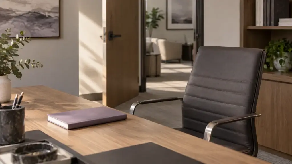 Empty office chair beside an oak desk and an open doorway