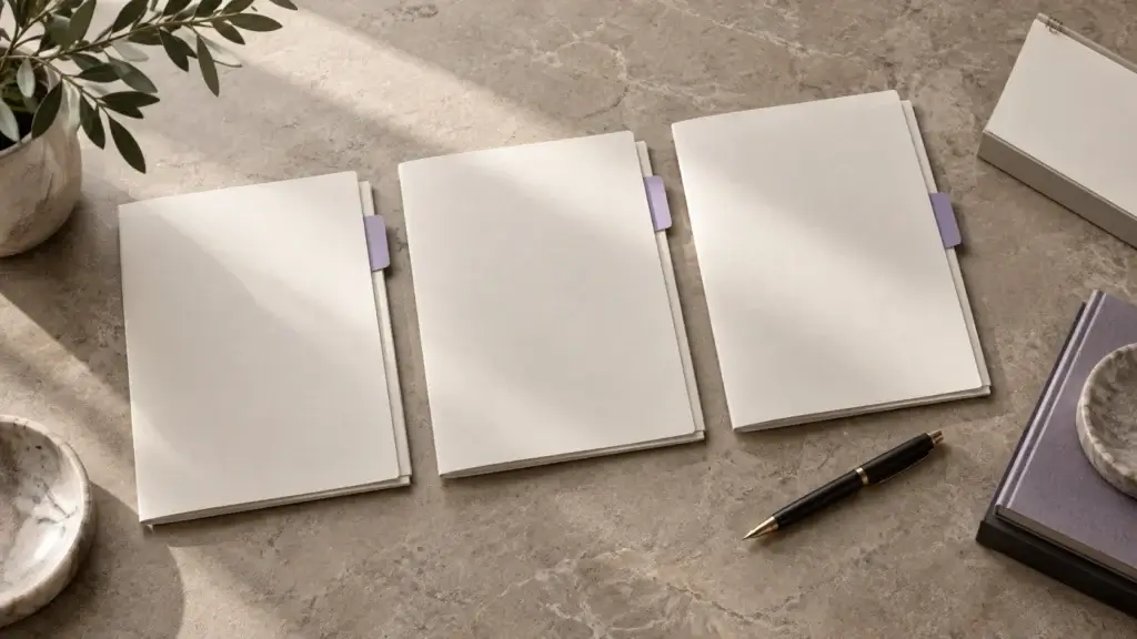 Three document folders with lavender tabs and a fountain pen
