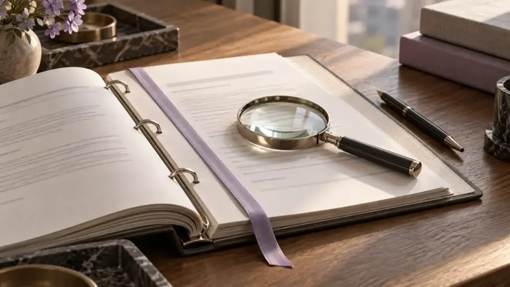 Magnifying glass over an open document binder with a lavender bookmark